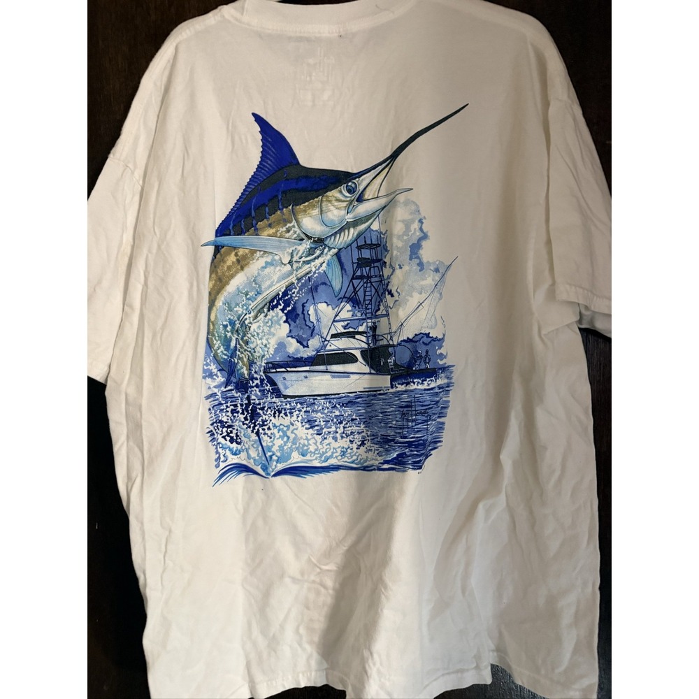 Guy Harvey Bluewater Marlin Fishing Boat T-Shirt Men's 2XL White Pocket Cotton